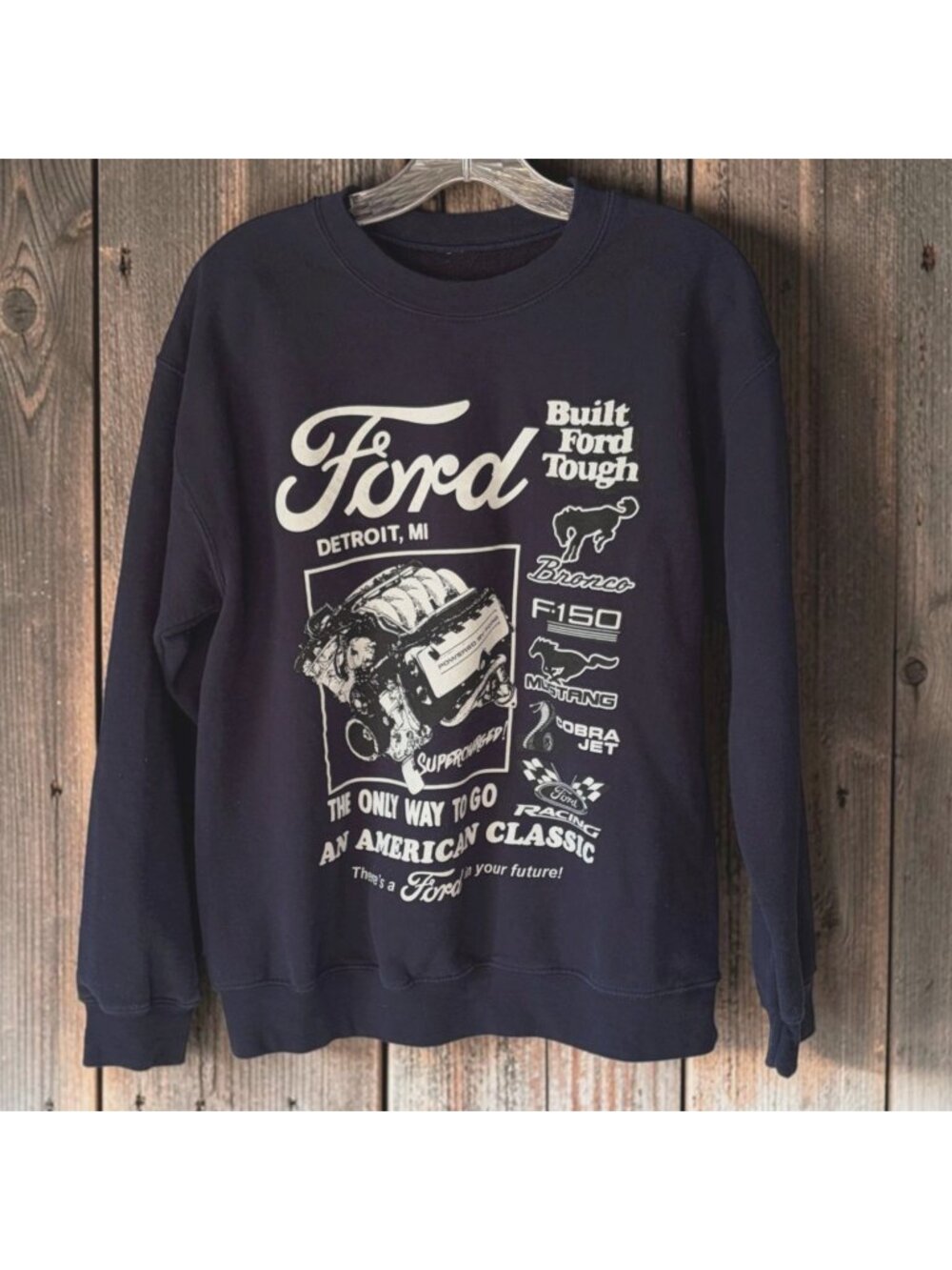 Ford Built Tough Graphic Sweatshirt Bronco F150 Mustang Cobra Jet Navy Mens M